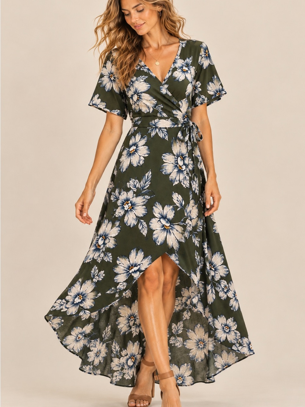 Fortune + Ivy XL Green Floral Faux Wrap Maxi Dress Tie Waist Stretch